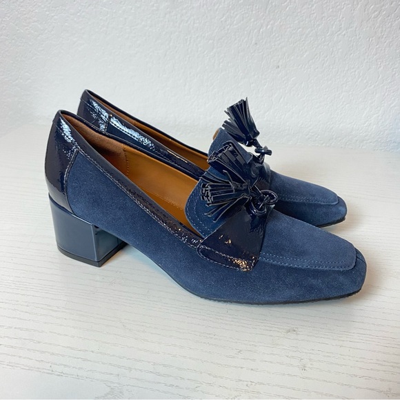 Donald J. Pliner Shoes - 243. Donald J Pliner Kressida Suede Patent Tassel Loafer in Navy Blue Size 6